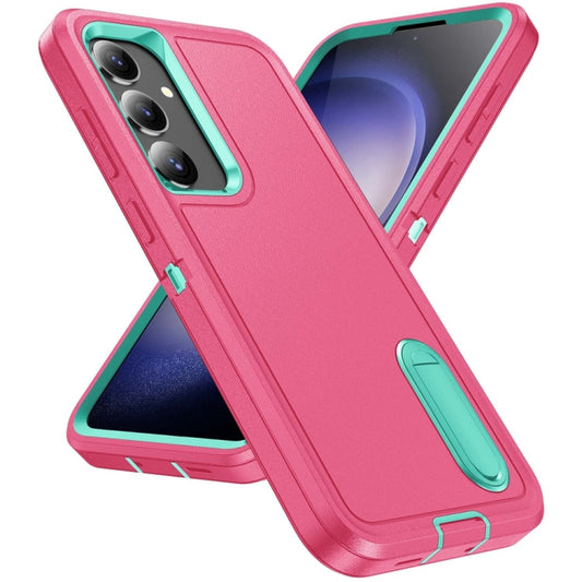 For Samsung Galaxy S24 / S25 5G Rugged PC Hybrid Silicone Phone Case with Holder(Rose Red+Light Green) by buy2fix