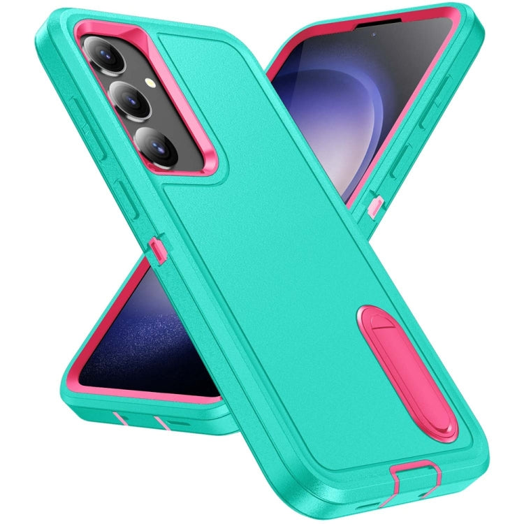 For Samsung Galaxy S24+ / S25+ 5G Rugged PC Hybrid Silicone Phone Case with Holder(Light Green+Rose Red) by buy2fix