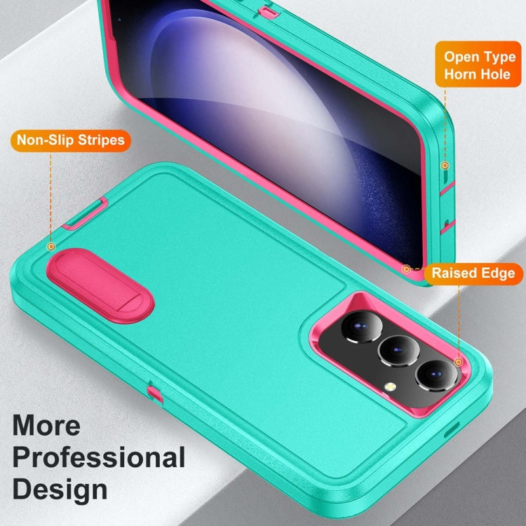 For Samsung Galaxy S24+ / S25+ 5G Rugged PC Hybrid Silicone Phone Case with Holder(Light Green+Rose Red) by buy2fix