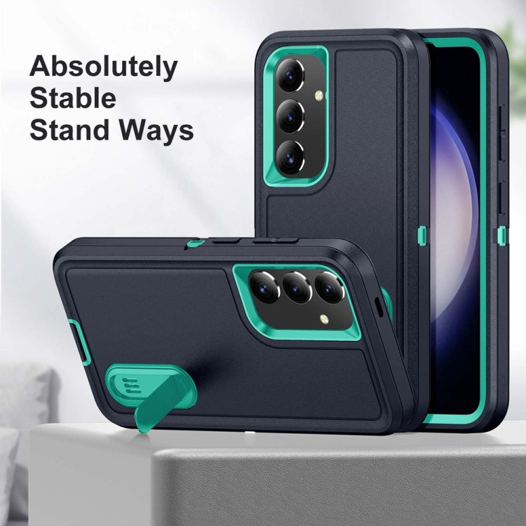For Samsung Galaxy S24+ / S25+ 5G Rugged PC Hybrid Silicone Phone Case with Holder(Dark Blue+Light Green) by buy2fix