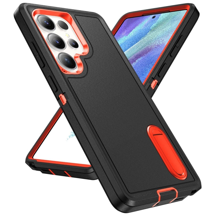 For Samsung Galaxy S25 Ultra 5G Rugged PC Hybrid Silicone Phone Case with Holder(Black+Orange) by buy2fix
