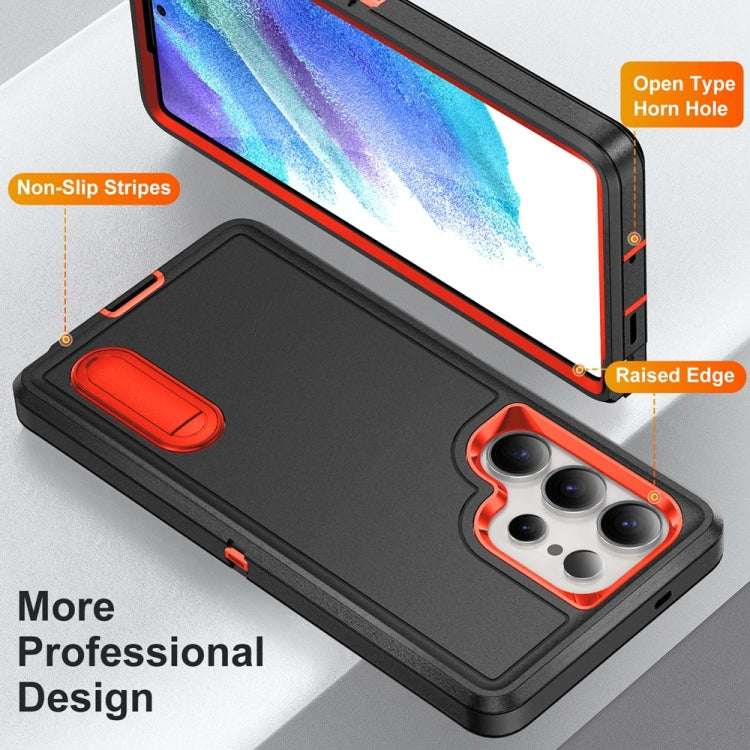 For Samsung Galaxy S25 Ultra 5G Rugged PC Hybrid Silicone Phone Case with Holder(Black+Orange) by buy2fix