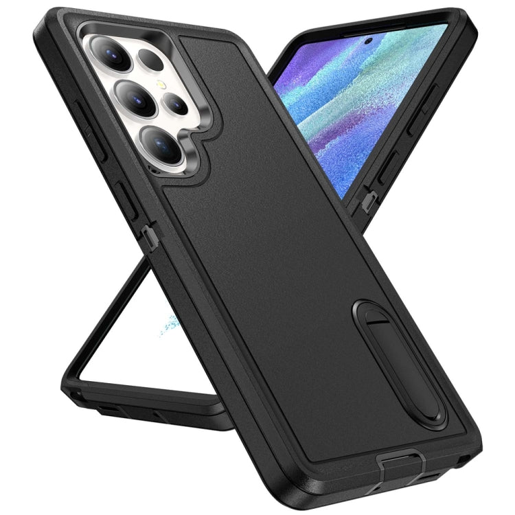 For Samsung Galaxy S25 Ultra 5G Rugged PC Hybrid Silicone Phone Case with Holder(Black) by buy2fix