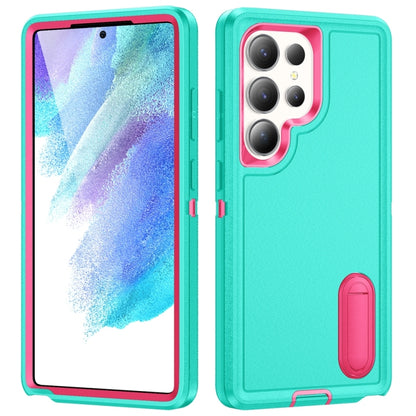 For Samsung Galaxy S25 Ultra 5G Rugged PC Hybrid Silicone Phone Case with Holder(Light Green+Rose Red) by buy2fix