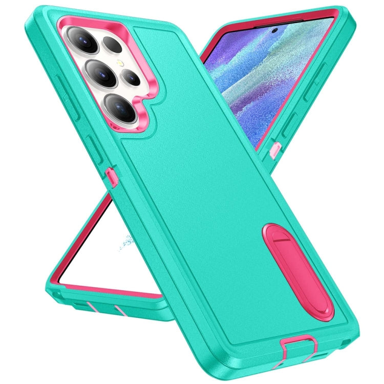 For Samsung Galaxy S25 Ultra 5G Rugged PC Hybrid Silicone Phone Case with Holder(Light Green+Rose Red) by buy2fix