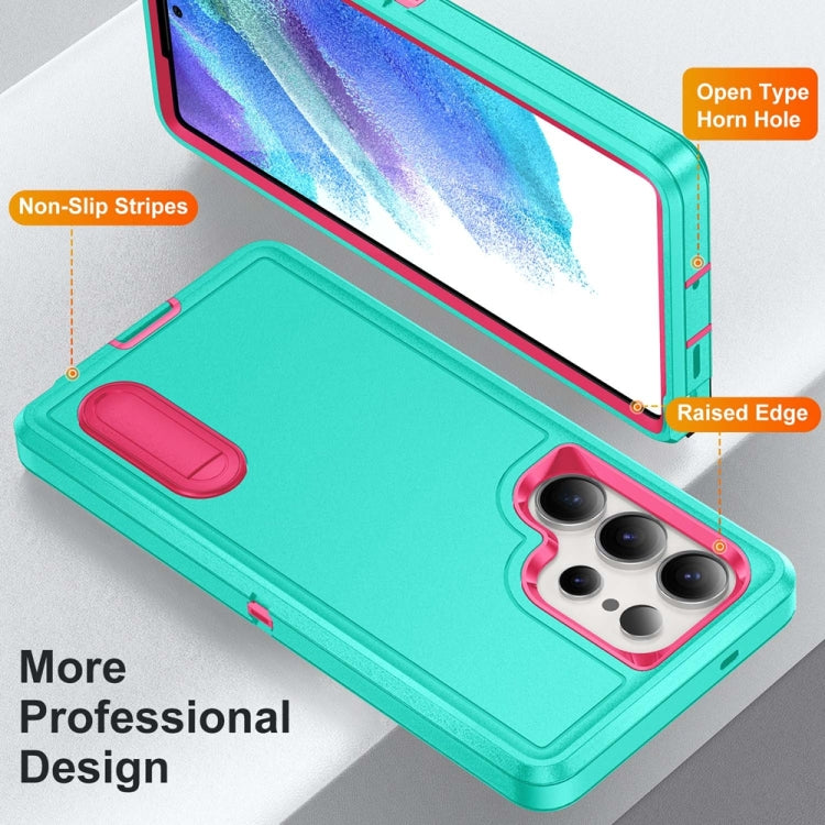 For Samsung Galaxy S25 Ultra 5G Rugged PC Hybrid Silicone Phone Case with Holder(Light Green+Rose Red) by buy2fix
