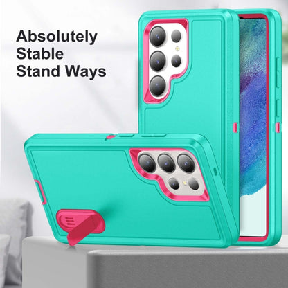For Samsung Galaxy S25 Ultra 5G Rugged PC Hybrid Silicone Phone Case with Holder(Light Green+Rose Red) by buy2fix
