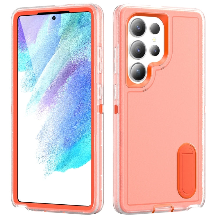 For Samsung Galaxy S25 Ultra 5G Rugged PC Hybrid Silicone Phone Case with Holder(Transparent+Orange) by buy2fix