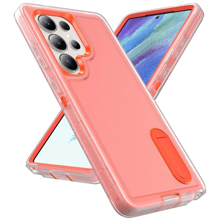 For Samsung Galaxy S25 Ultra 5G Rugged PC Hybrid Silicone Phone Case with Holder(Transparent+Orange) by buy2fix