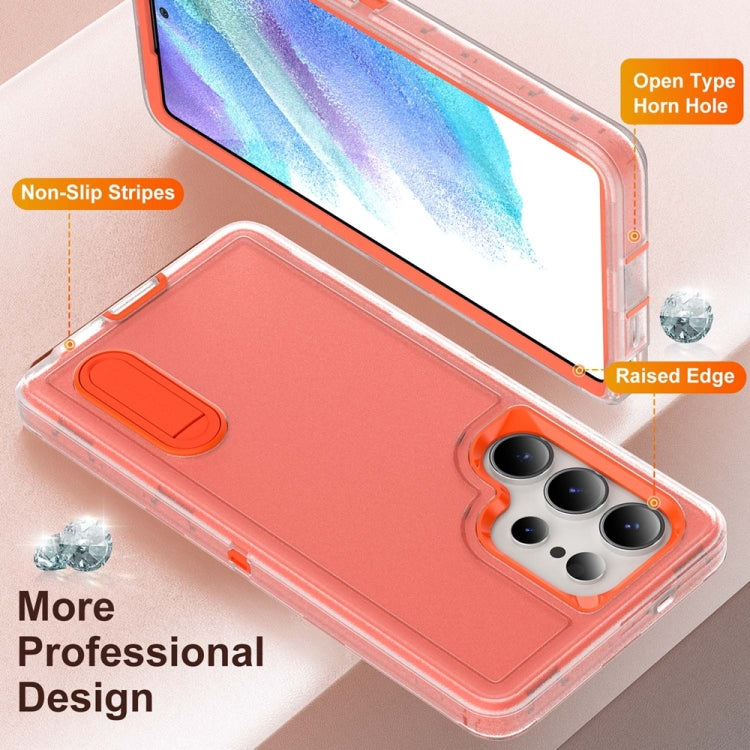 For Samsung Galaxy S25 Ultra 5G Rugged PC Hybrid Silicone Phone Case with Holder(Transparent+Orange) by buy2fix