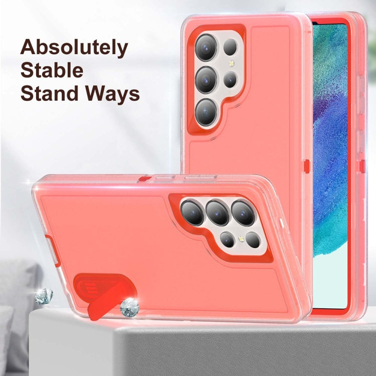 For Samsung Galaxy S25 Ultra 5G Rugged PC Hybrid Silicone Phone Case with Holder(Transparent+Orange) by buy2fix