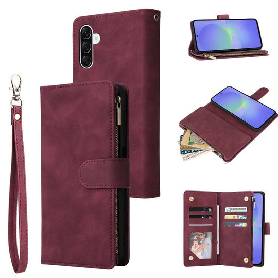 For Galaxy A57 5G Multifunctional Frosted Zipper Wallet Leather Phone Case(Wine Red)