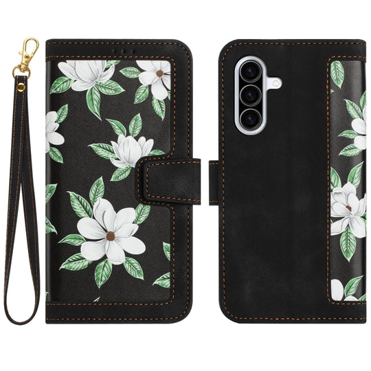 For Samsung Galaxy A26 5G Floral Pattern Leather Phone Case with Lanyard(Black)