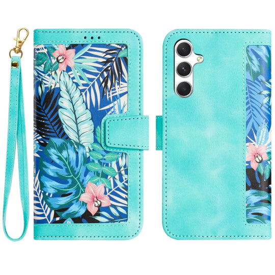 For Samsung Galaxy A56 5G Floral Pattern Leather Phone Case with Lanyard(Green)