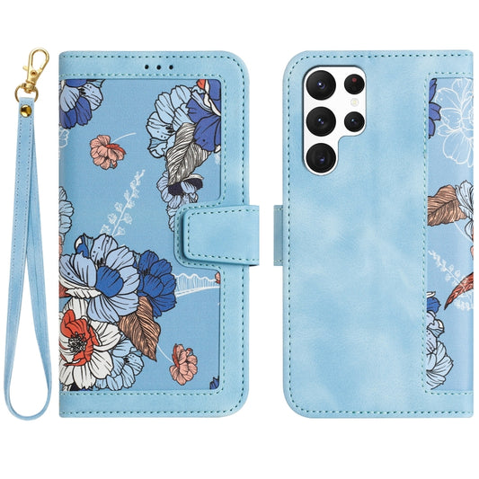For Samsung Galaxy S25 Ultra 5G Floral Pattern Leather Phone Case with Lanyard(Light Blue) by buy2fix