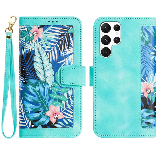 For Samsung Galaxy S25 Ultra 5G Floral Pattern Leather Phone Case with Lanyard(Green) by buy2fix