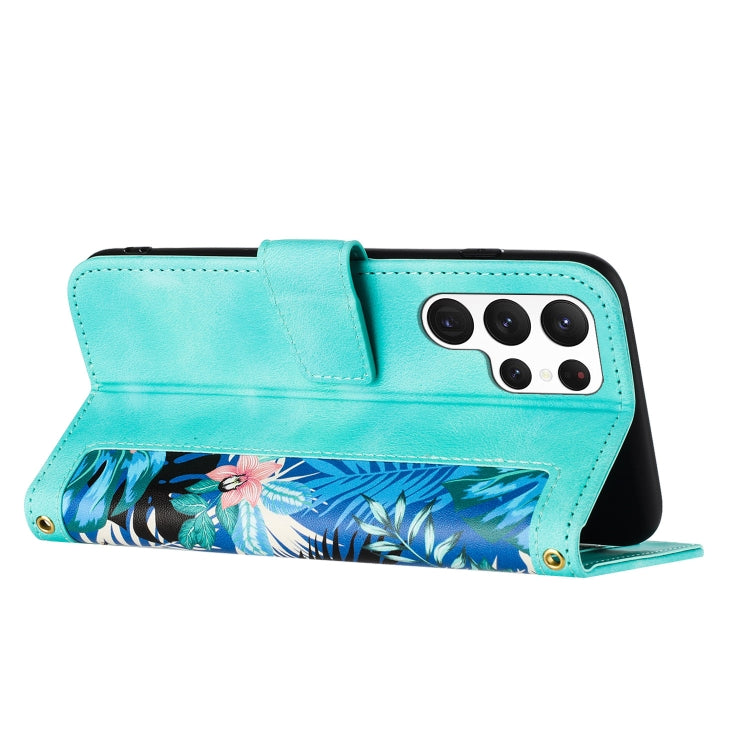 For Samsung Galaxy S25 Ultra 5G Floral Pattern Leather Phone Case with Lanyard(Green) by buy2fix