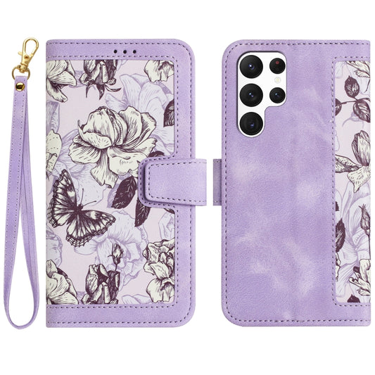 For Samsung Galaxy S25 Ultra 5G Floral Pattern Leather Phone Case with Lanyard(Light Purple) by buy2fix