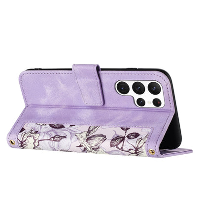 For Samsung Galaxy S25 Ultra 5G Floral Pattern Leather Phone Case with Lanyard(Light Purple) by buy2fix