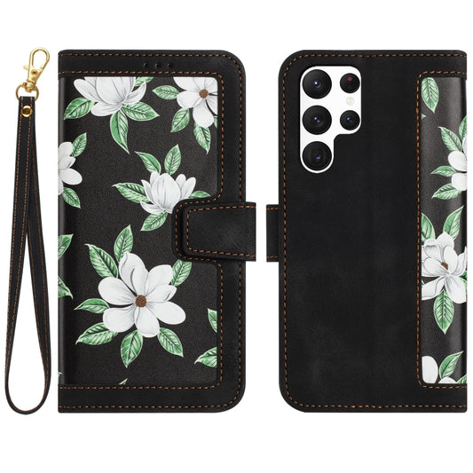 For Samsung Galaxy S25 Ultra 5G Floral Pattern Leather Phone Case with Lanyard(Black) by buy2fix