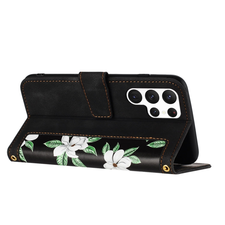 For Samsung Galaxy S25 Ultra 5G Floral Pattern Leather Phone Case with Lanyard(Black) by buy2fix