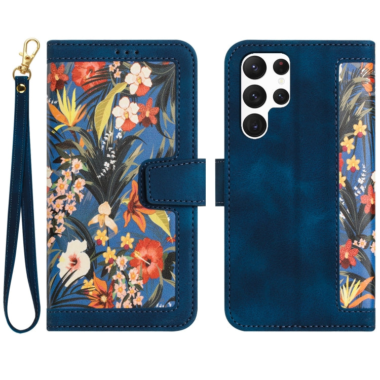 For Samsung Galaxy S25 Ultra 5G Floral Pattern Leather Phone Case with Lanyard(Dark Blue) by buy2fix