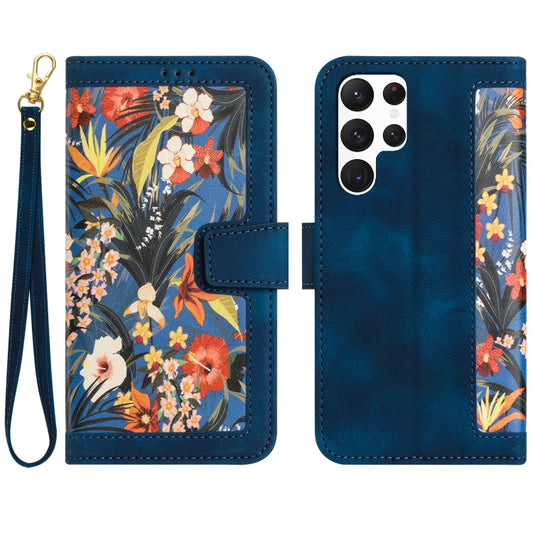 For Samsung Galaxy S25 Ultra 5G Floral Pattern Leather Phone Case with Lanyard(Dark Blue) by buy2fix