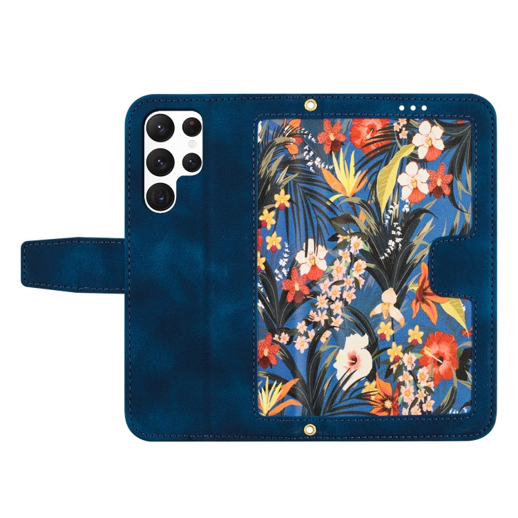 For Samsung Galaxy S25 Ultra 5G Floral Pattern Leather Phone Case with Lanyard(Dark Blue) by buy2fix
