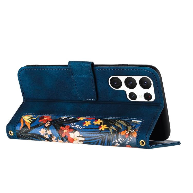 For Samsung Galaxy S25 Ultra 5G Floral Pattern Leather Phone Case with Lanyard(Dark Blue) by buy2fix