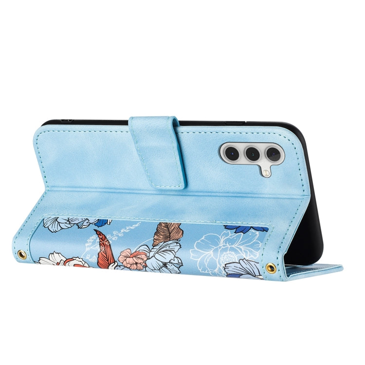For Samsung Galaxy S25+ 5G Floral Pattern Leather Phone Case with Lanyard(Light Blue) by buy2fix