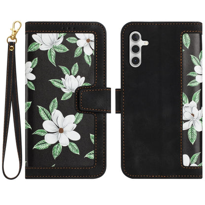 For Samsung Galaxy S25+ 5G Floral Pattern Leather Phone Case with Lanyard(Black) by buy2fix