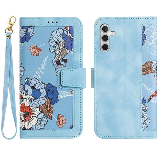 For Samsung Galaxy S25 5G Floral Pattern Leather Phone Case with Lanyard(Light Blue) by buy2fix