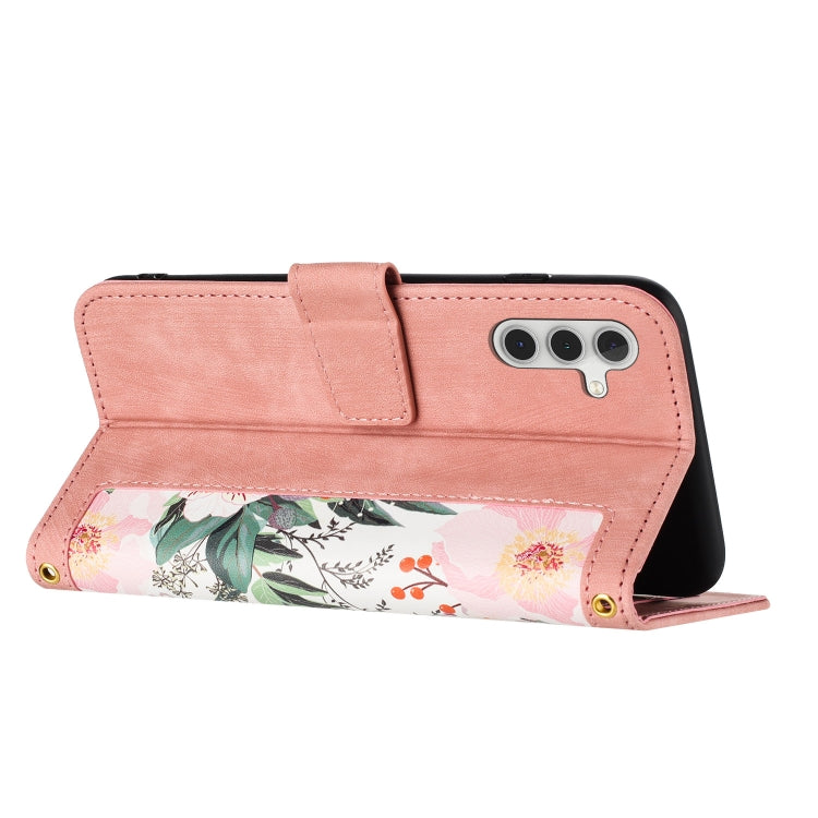 For Samsung Galaxy S25 5G Floral Pattern Leather Phone Case with Lanyard(Pink) by buy2fix