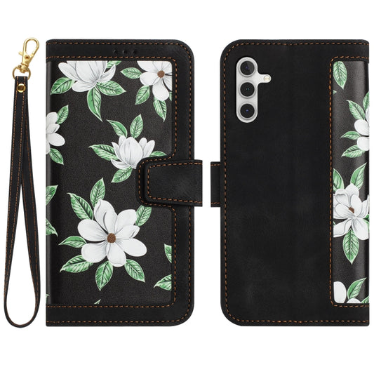 For Samsung Galaxy S25 5G Floral Pattern Leather Phone Case with Lanyard(Black) by buy2fix