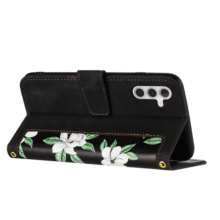 For Samsung Galaxy S25 5G Floral Pattern Leather Phone Case with Lanyard(Black) by buy2fix