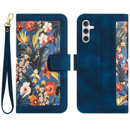 For Samsung Galaxy S25 5G Floral Pattern Leather Phone Case with Lanyard(Dark Blue) by buy2fix