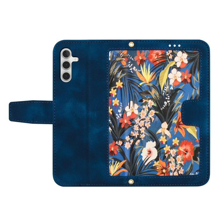 For Samsung Galaxy S25 5G Floral Pattern Leather Phone Case with Lanyard(Dark Blue) by buy2fix