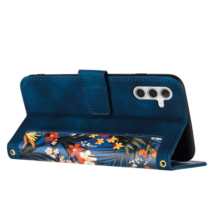 For Samsung Galaxy S25 5G Floral Pattern Leather Phone Case with Lanyard(Dark Blue) by buy2fix
