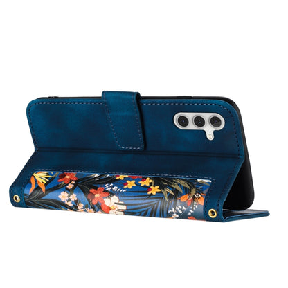 For Samsung Galaxy S25 5G Floral Pattern Leather Phone Case with Lanyard(Dark Blue) by buy2fix