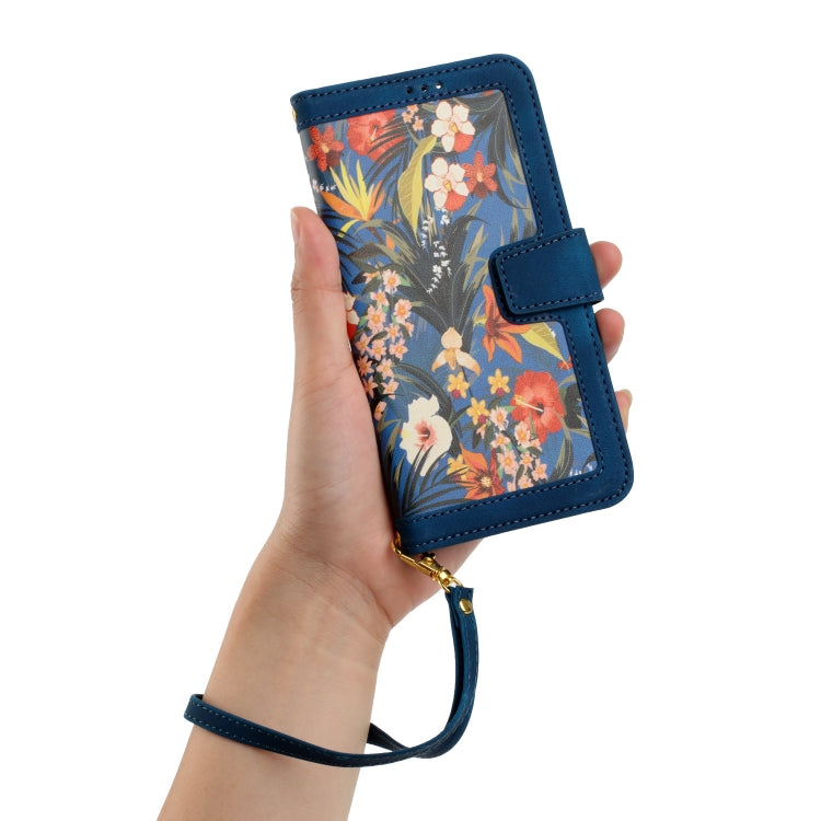 For Samsung Galaxy S25 5G Floral Pattern Leather Phone Case with Lanyard(Dark Blue) by buy2fix