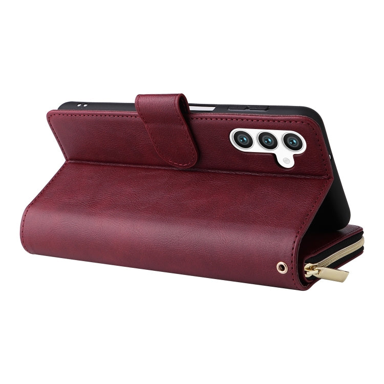 For Samsung Galaxy S25 5G 9-Card Slots Zipper Wallet Bag Leather Phone Case(Wine Red) by buy2fix