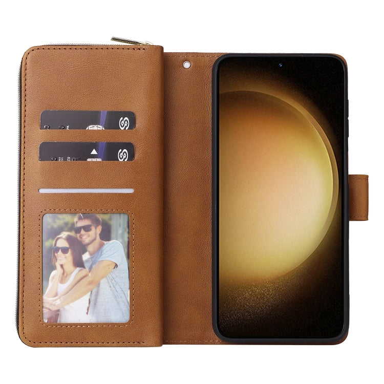 For Samsung Galaxy S25+ 5G 9-Card Slots Zipper Wallet Bag Leather Phone Case(Brown) by buy2fix