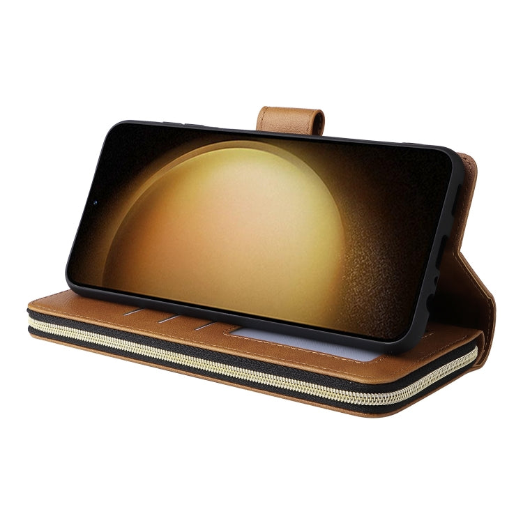 For Samsung Galaxy S25+ 5G 9-Card Slots Zipper Wallet Bag Leather Phone Case(Brown) by buy2fix