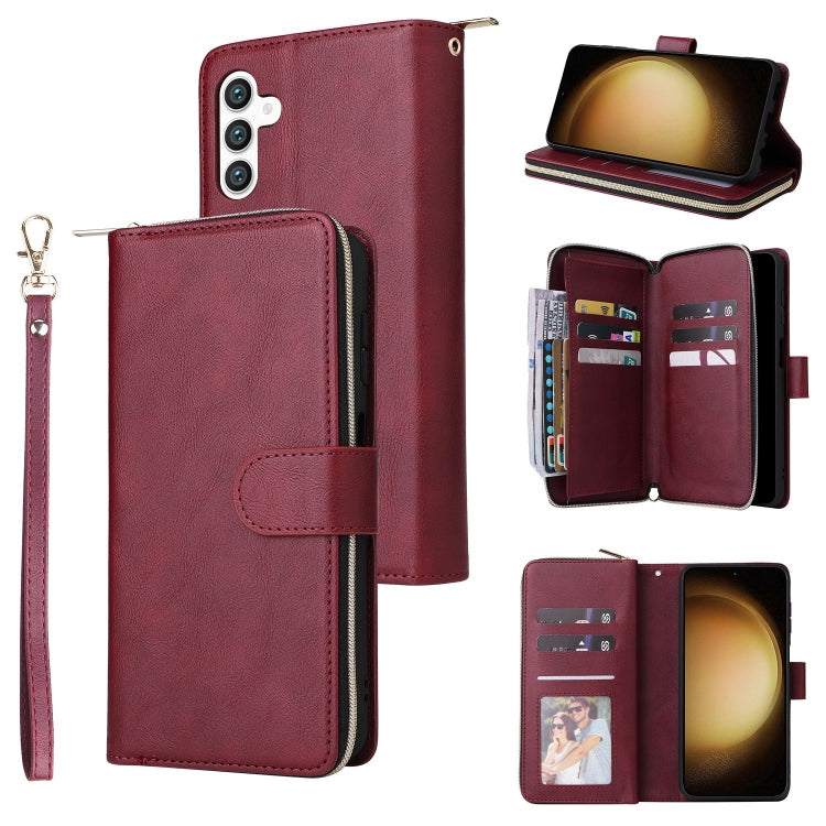 For Samsung Galaxy S25+ 5G 9-Card Slots Zipper Wallet Bag Leather Phone Case(Wine Red) by buy2fix