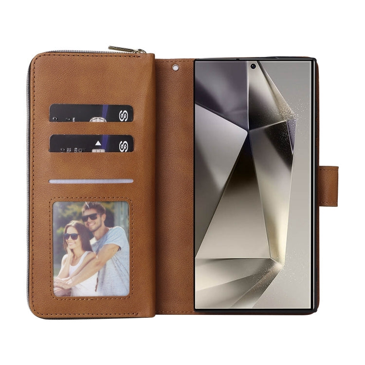 For Samsung Galaxy S25 Ultra 5G 9-Card Slots Zipper Wallet Bag Leather Phone Case(Brown) by buy2fix
