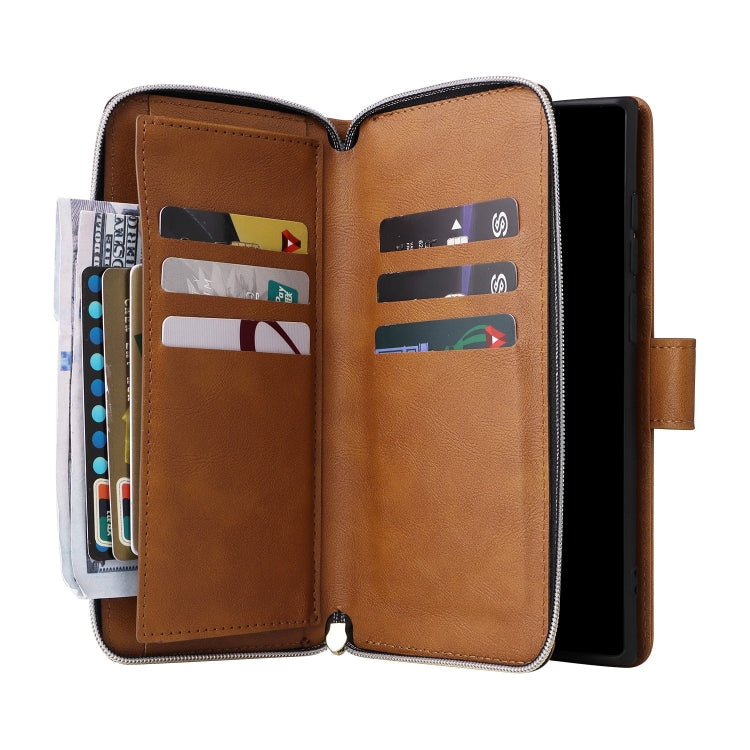 For Samsung Galaxy S25 Ultra 5G 9-Card Slots Zipper Wallet Bag Leather Phone Case(Brown) by buy2fix
