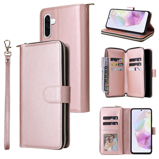 For Galaxy A26 5G 9-Card Slots Zipper Wallet Bag Leather Phone Case(Rose Gold)