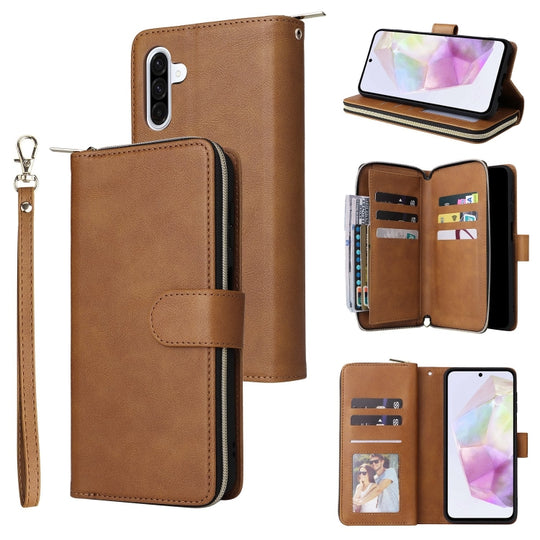 For Galaxy A26 5G 9-Card Slots Zipper Wallet Bag Leather Phone Case(Brown)