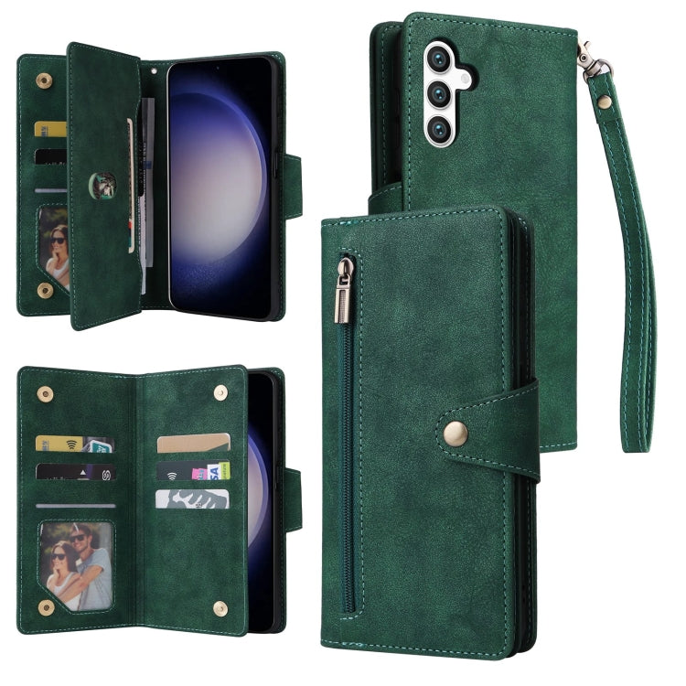 For Samsung Galaxy S25 5G Rivet Buckle 9 Cards Three Fold Leather Phone Case(Green) by buy2fix