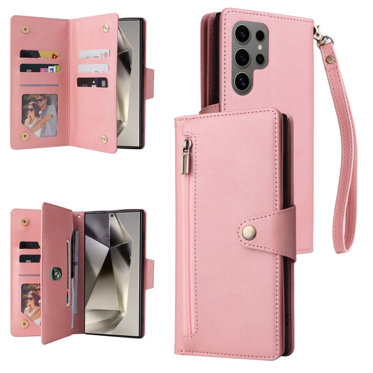 For Samsung Galaxy S25 Ultra 5G Rivet Buckle 9 Cards Three Fold Leather Phone Case(Rose Gold) by buy2fix